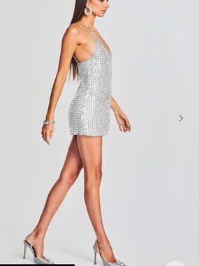 Maaji Sequined Crochet Mini Dress S | Silver White Boho